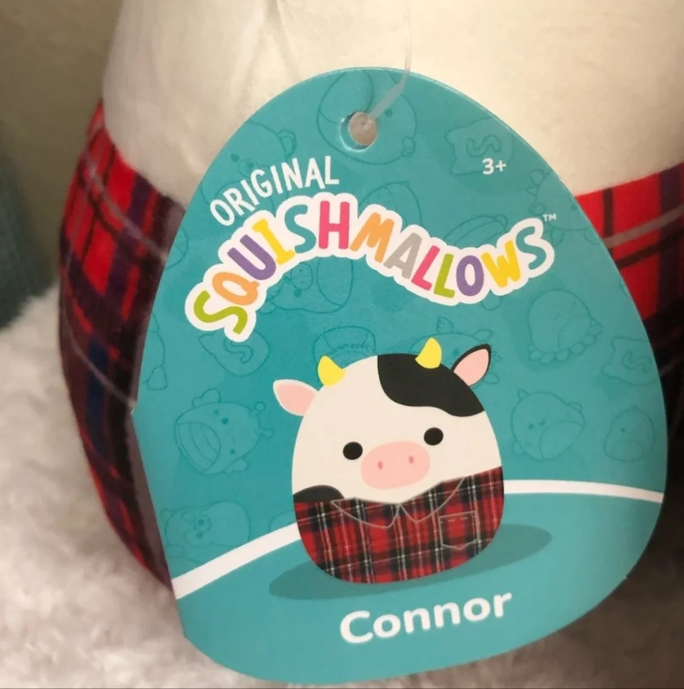 Squishmallow NEW CONNOR Plaid Cow Plush with Red and Black 7in Tall NWT